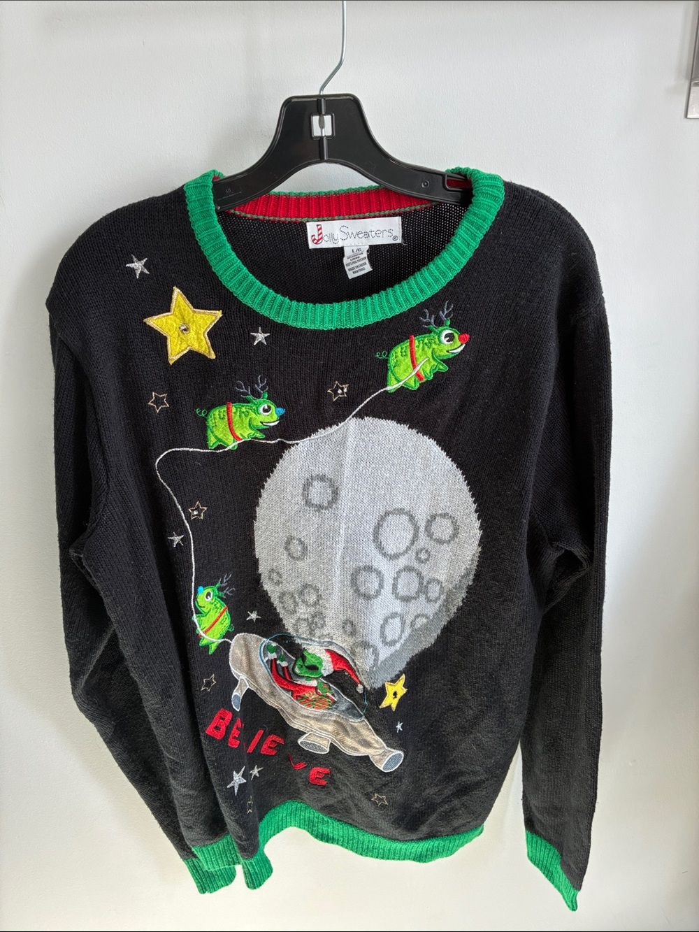 Novelty Black Holiday Sweater with Green Trim - Believe Design size large